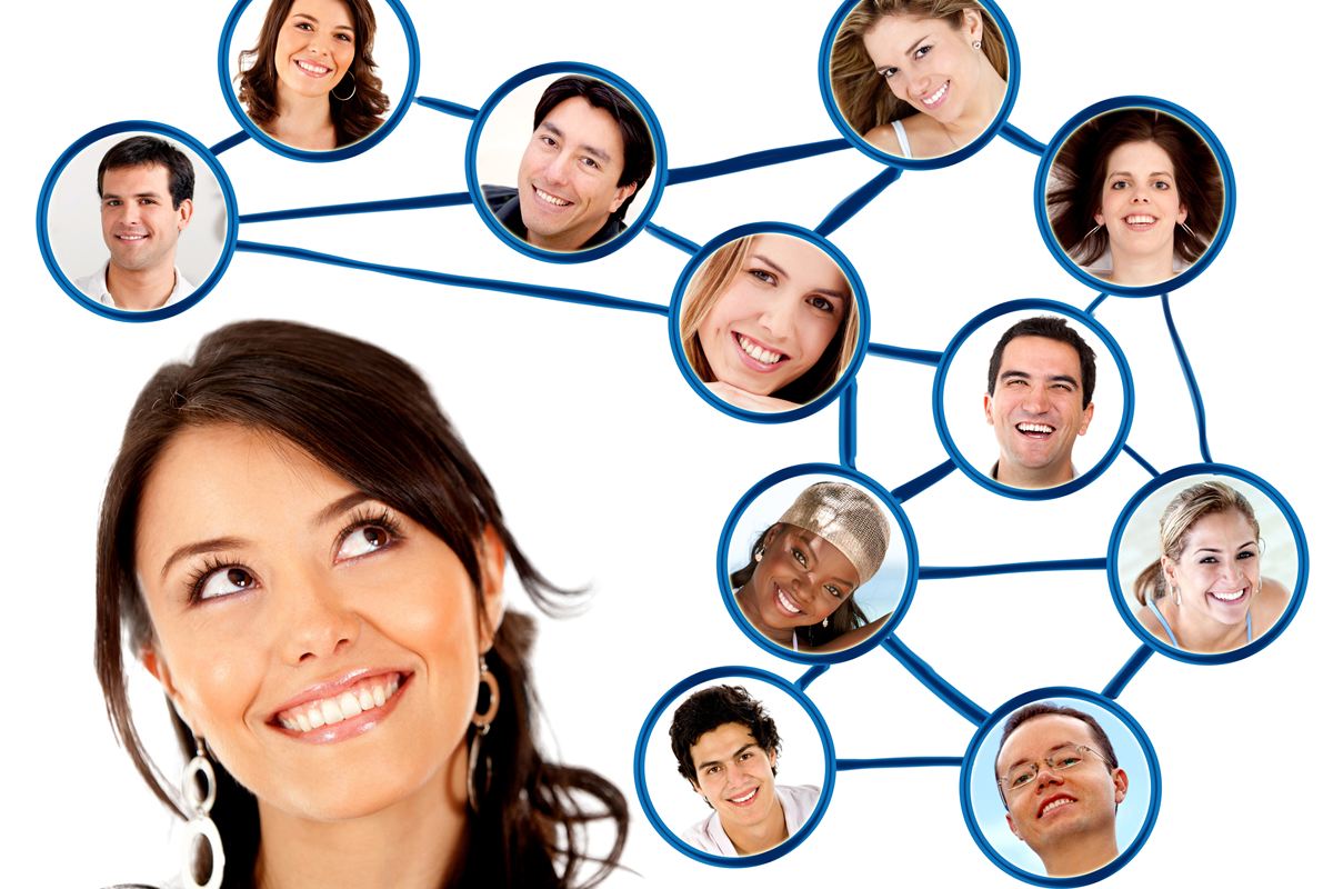 A woman smiling beside a network of connected faces